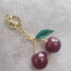 Cherry Charm Keychain with Gold and Green Accents